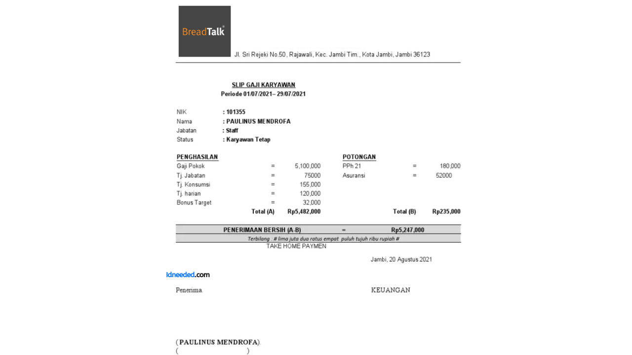 Contoh Slip Gaji Karyawan BreadTalk