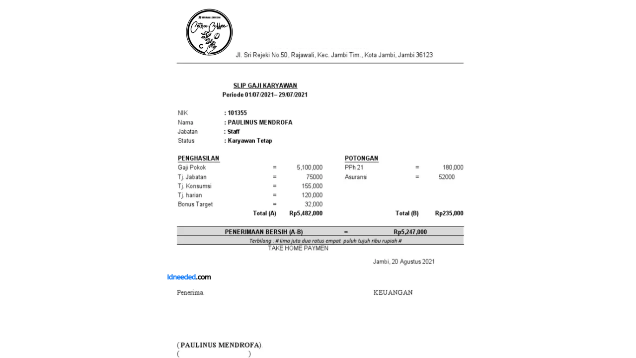 Contoh Slip Gaji Karyawan Cetroo Coffee