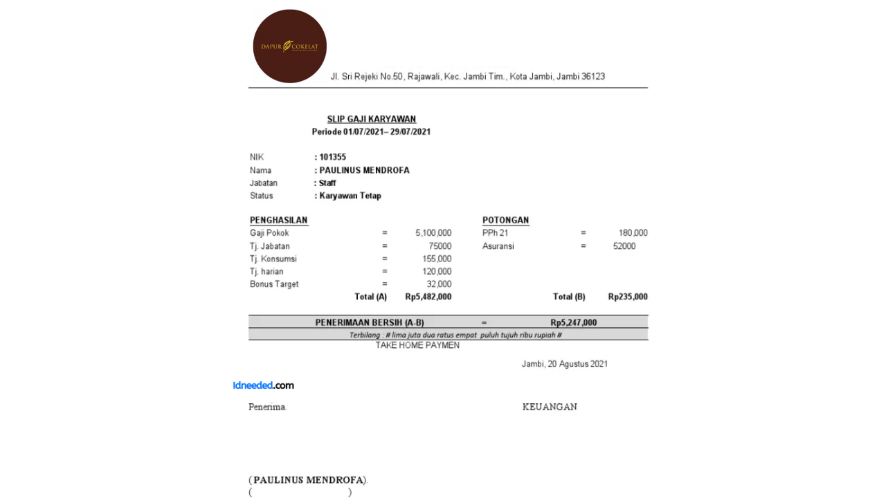 Contoh Slip Gaji Karyawan Dapur Cokelat