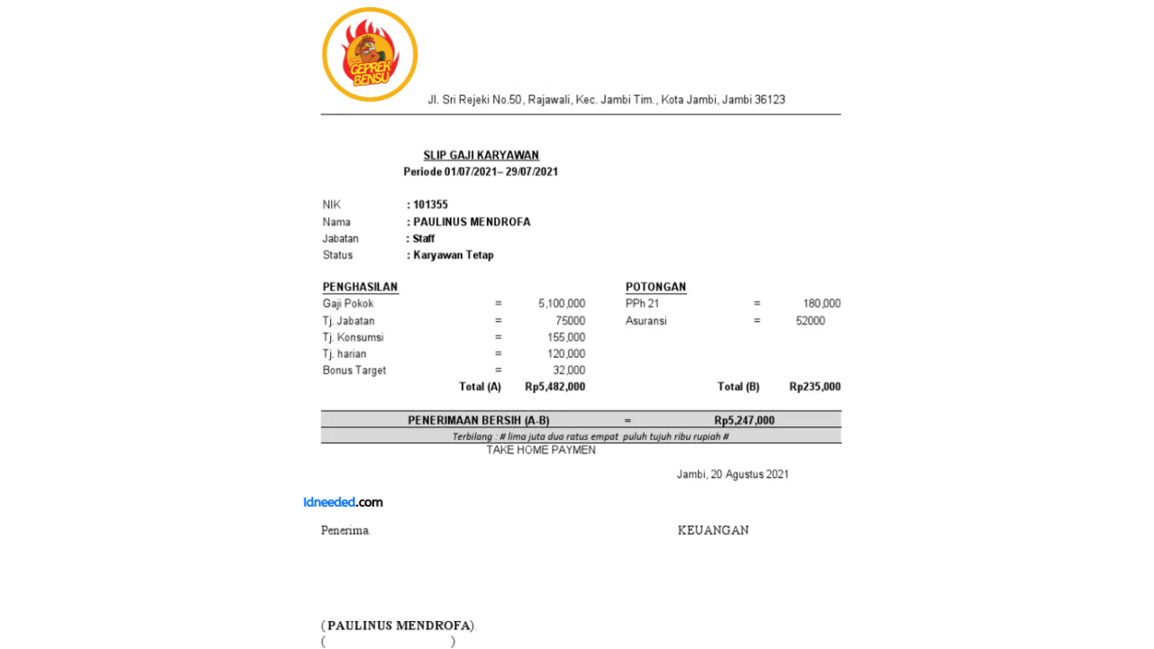Contoh Slip Gaji Karyawan Geprek Bensu