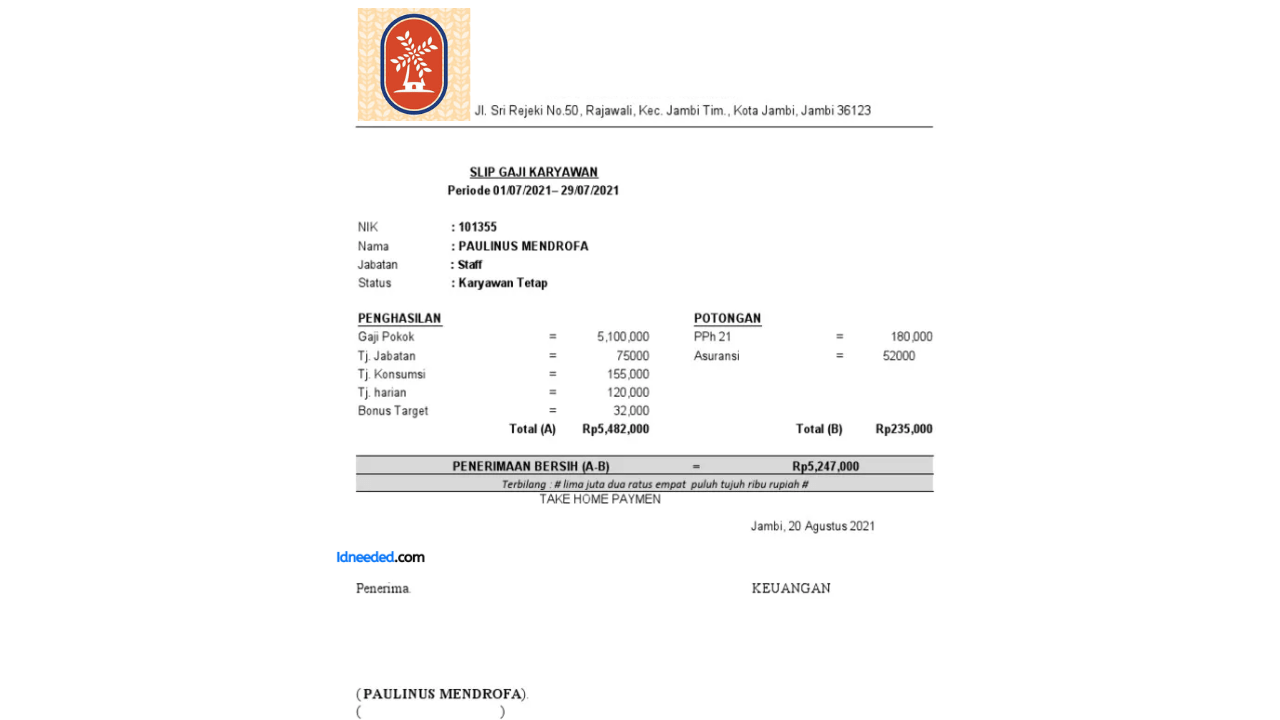 Contoh Slip Gaji Karyawan Holland Bakery