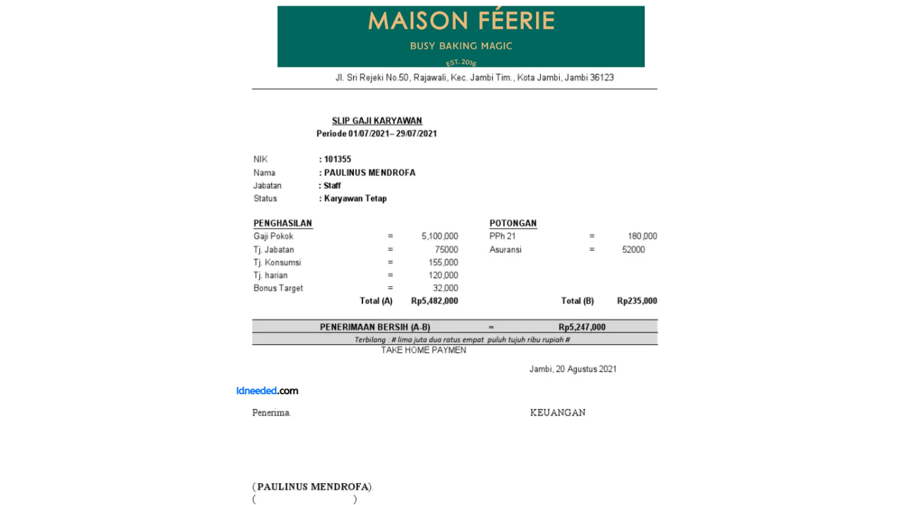 Contoh Slip Gaji Karyawan Maison Feerie
