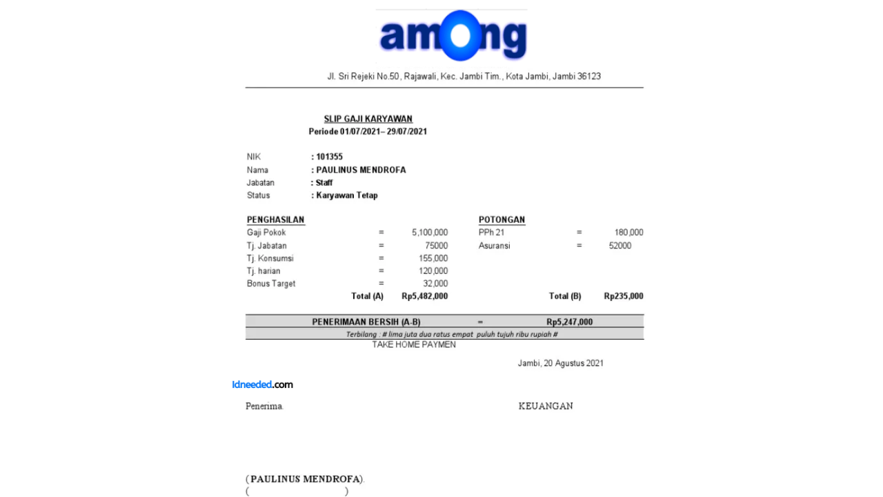 Contoh Slip Gaji Karyawan PT Among