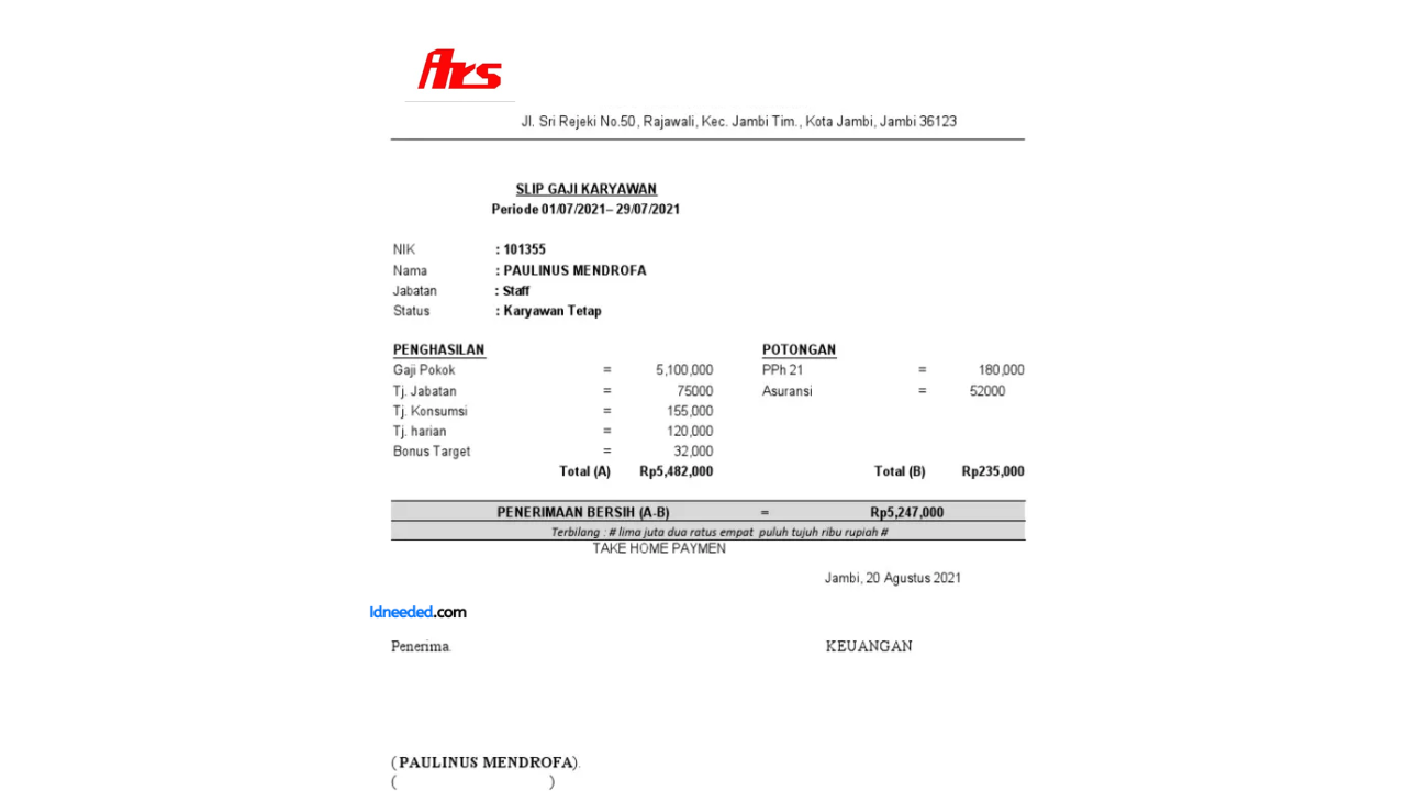 Contoh Slip Gaji Karyawan PT Arai Rubber Seal Indonesia
