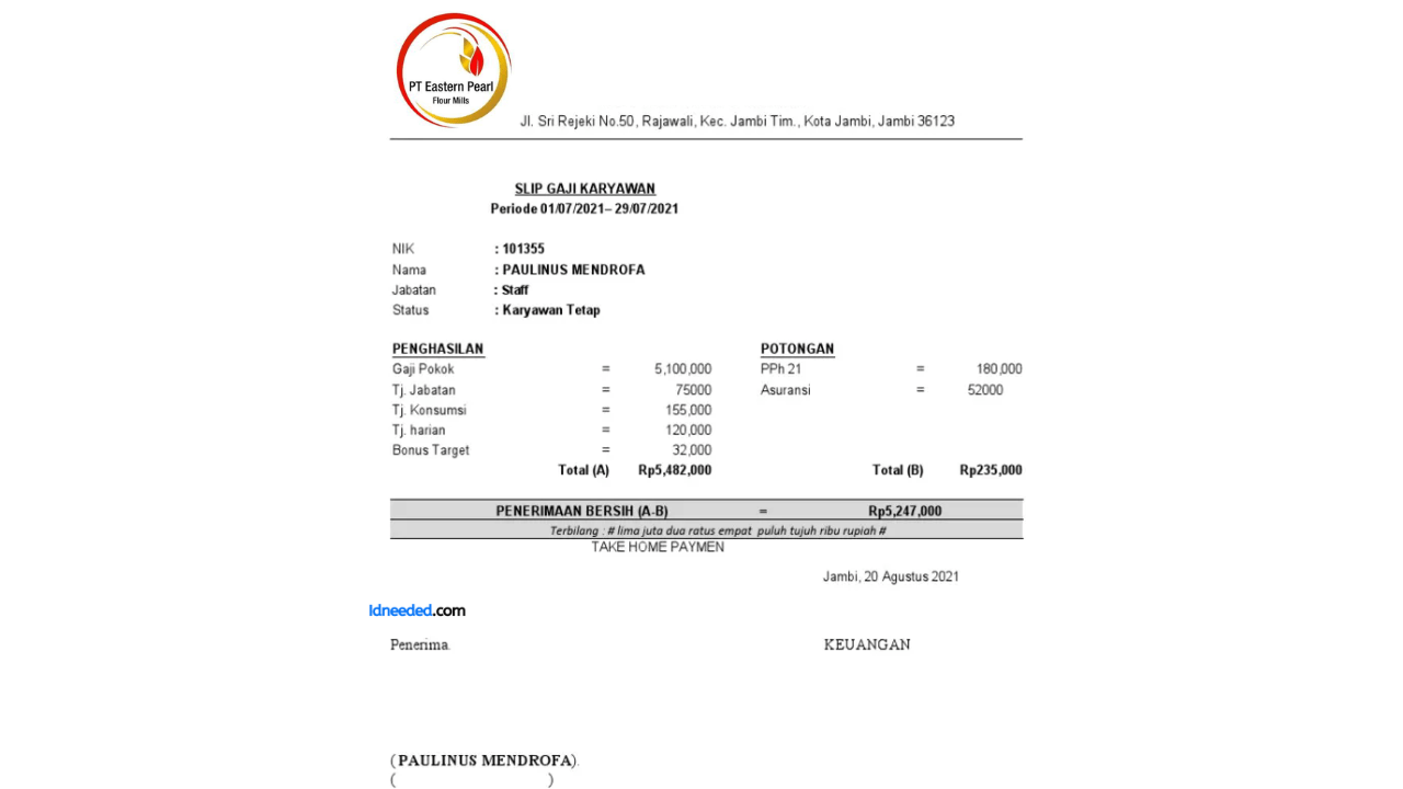 Contoh Slip Gaji Karyawan PT Eastern Pearl Flour Mills