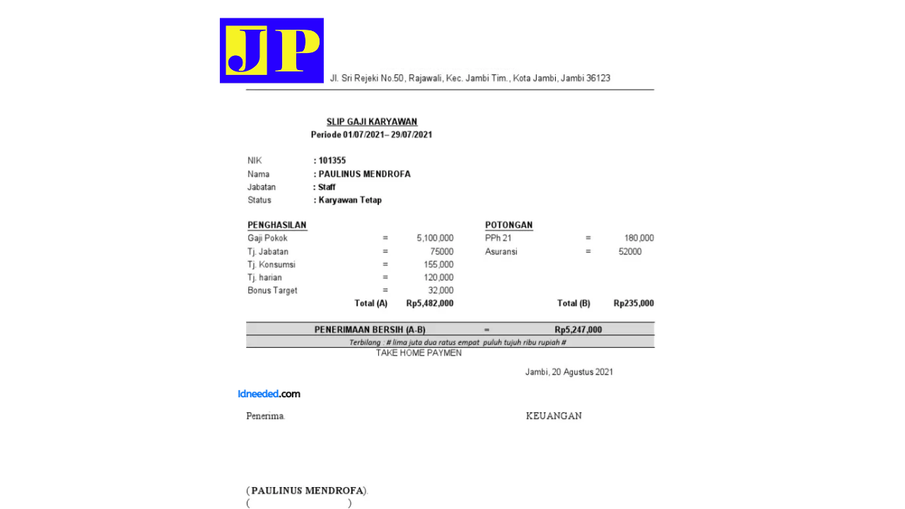 Contoh Slip Gaji Karyawan PT Jessindo Prakarsa
