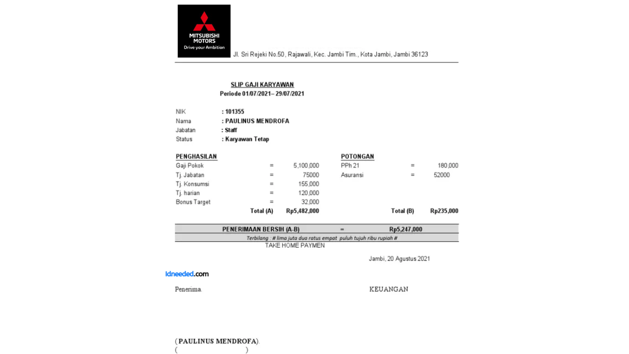 Contoh Slip Gaji Karyawan PT Mitsubishi Motors Krama Yudha Sales Indonesia (MMKSI)