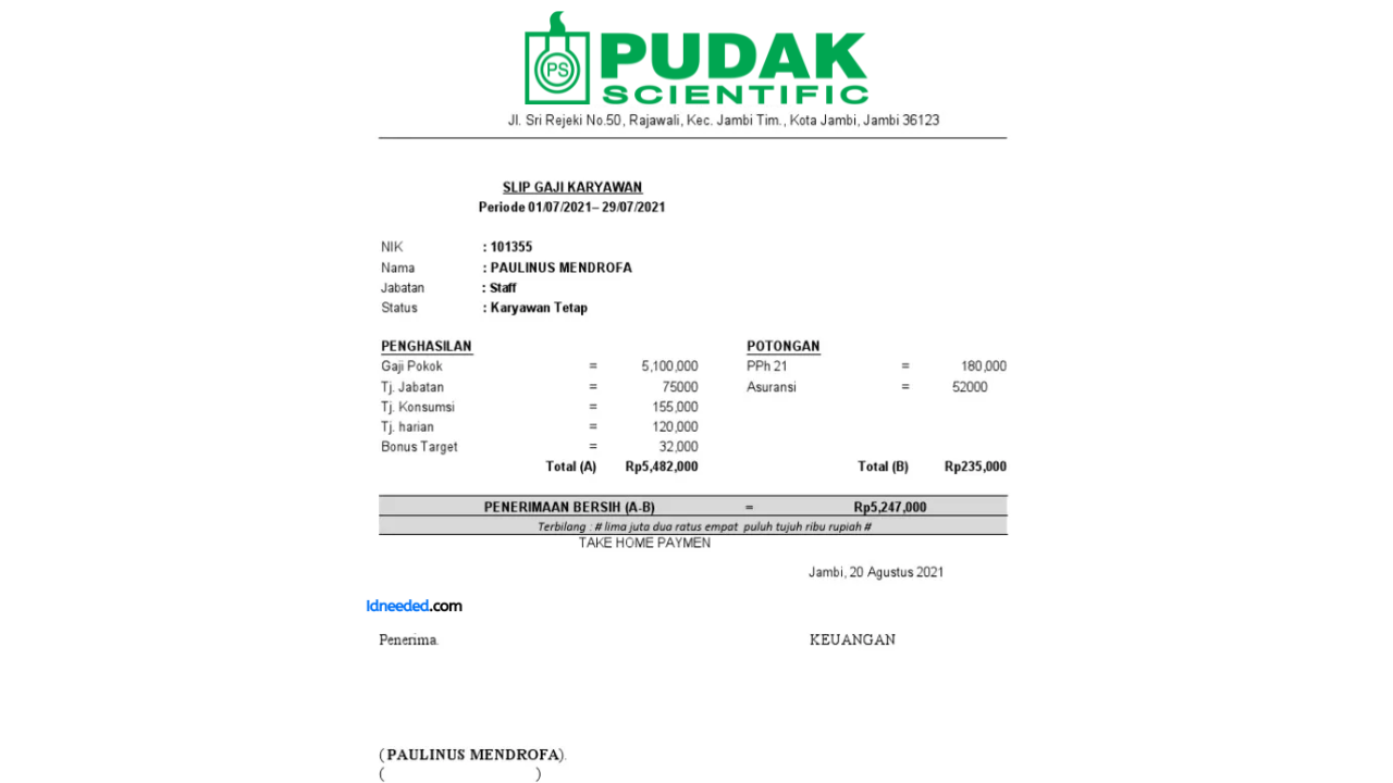 Contoh Slip Gaji Karyawan PT Pudak Scientific