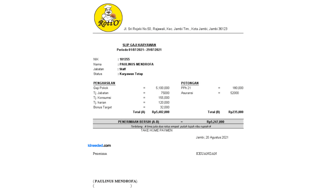 Contoh Slip Gaji Karyawan Roti O