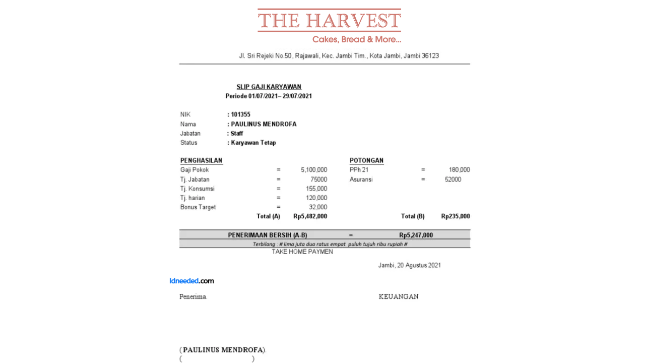 Contoh Slip Gaji Karyawan The Harvest Cakes