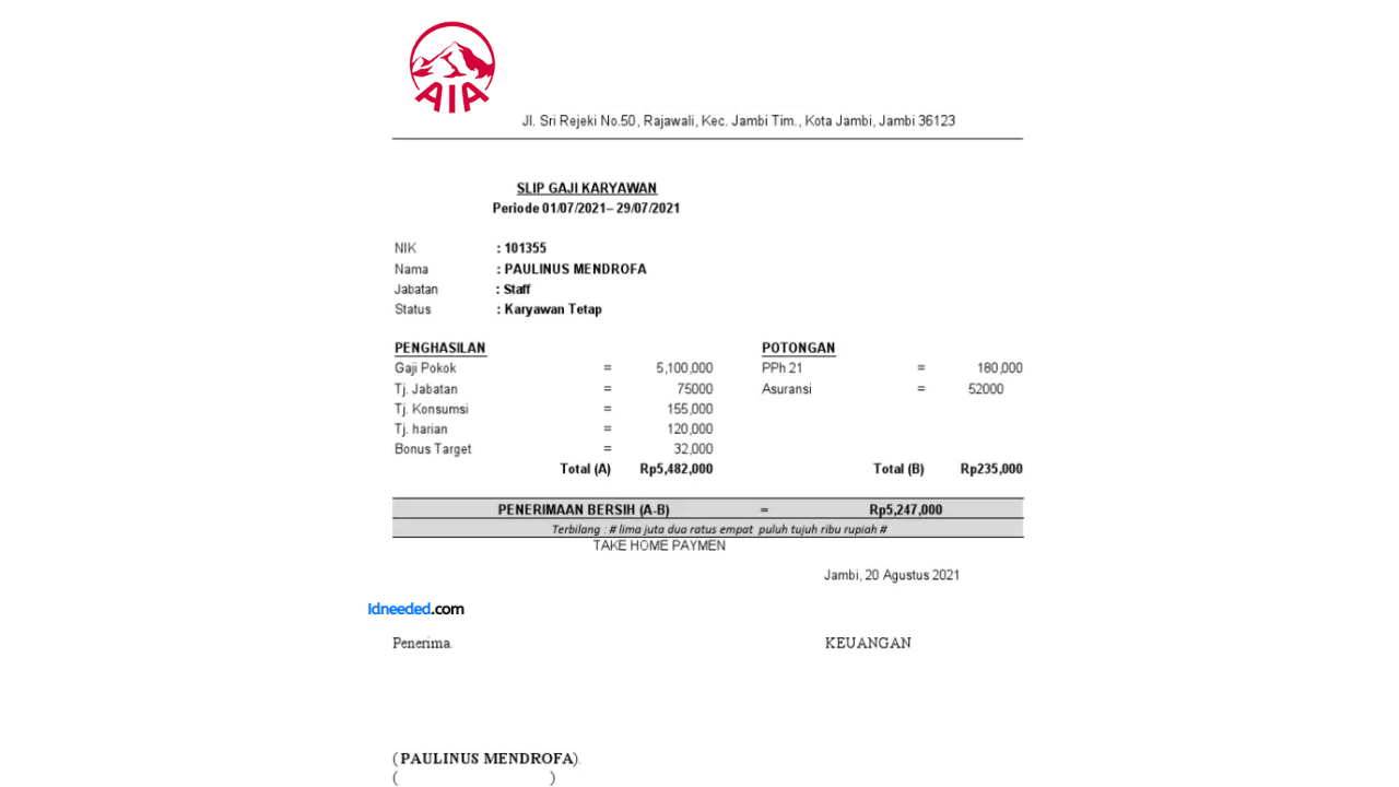 Contoh Slip Gaji Karyawan PT AIA Financial