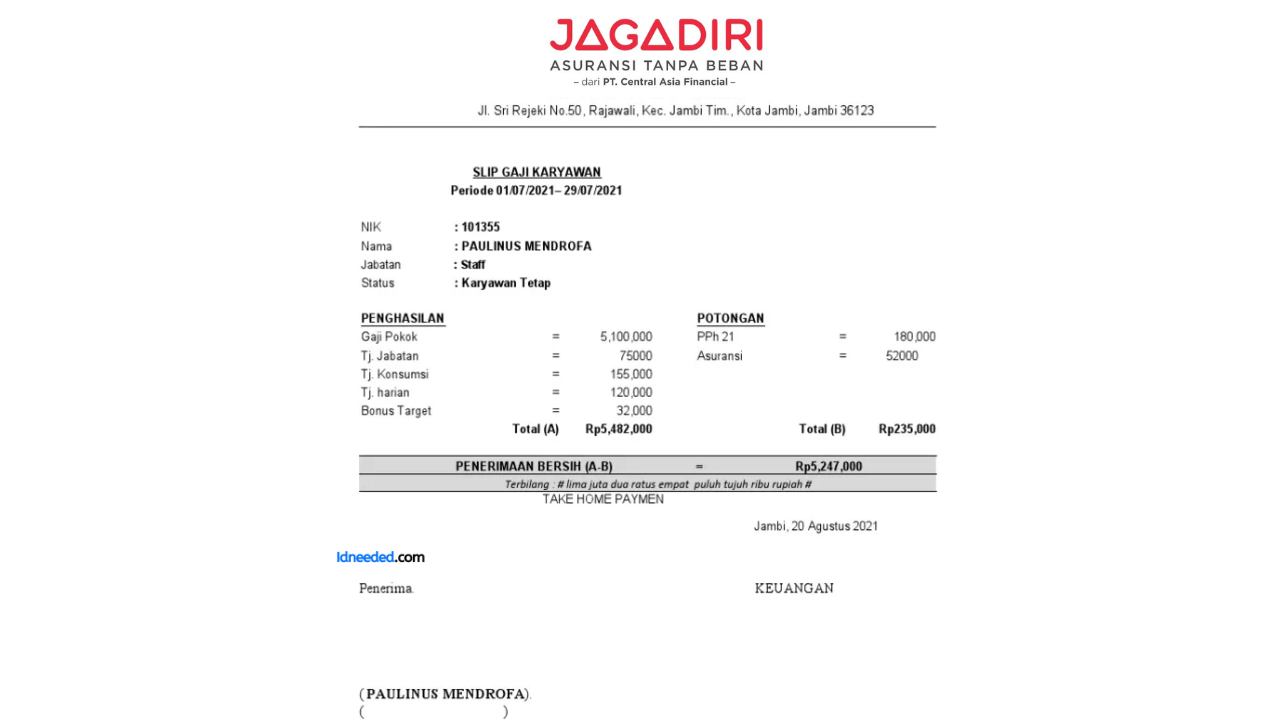 Contoh Slip Gaji Karyawan PT Central Asia Financial