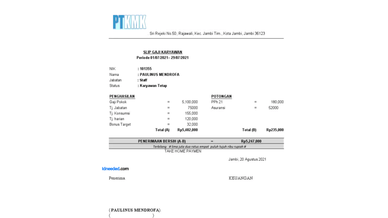Contoh Slip Gaji Karyawan PT KMK Plastics Indonesia