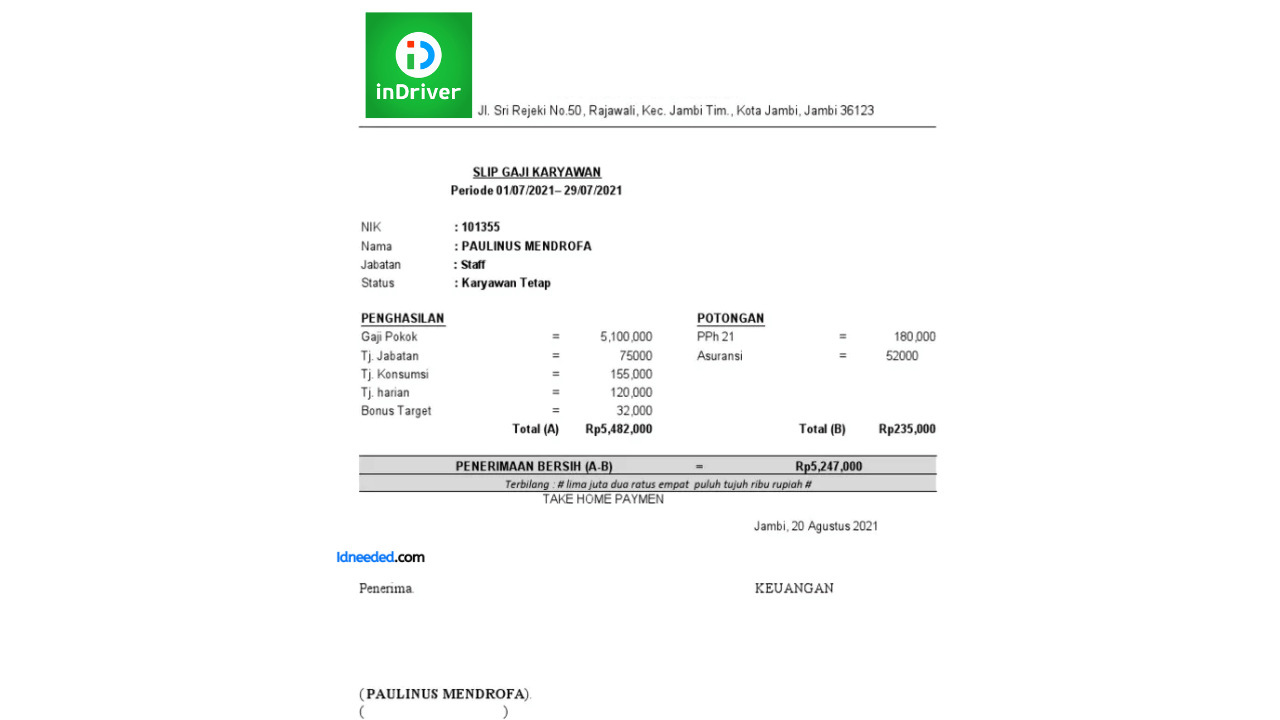 Contoh Slip Gaji Karyawan InDriver Indonesia