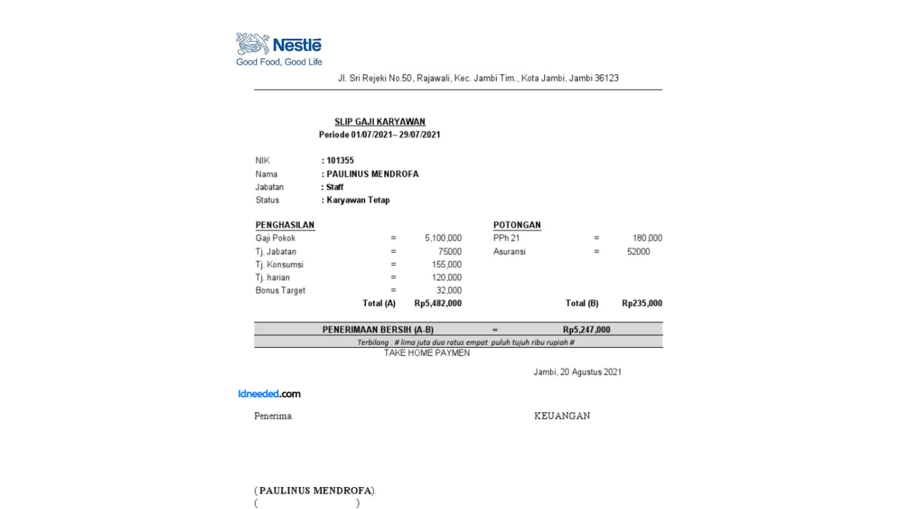Contoh Slip Gaji Karyawan PT Nestle Indonesia