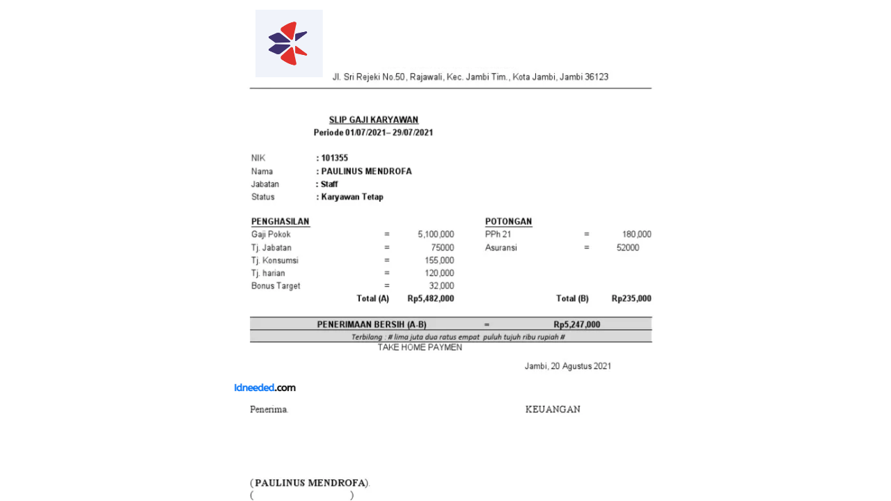 Contoh Slip Gaji Karyawan Prima Andalan Mandiri