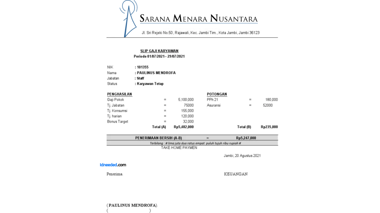 Contoh Slip Gaji Karyawan Sarana Menara Nusantara
